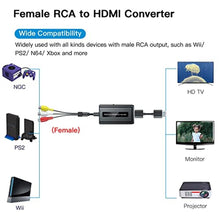 Load image into Gallery viewer, Bcrokory Female RCA to HDMI Converter with HDMI Cable for N64/Wii/PS2/Xbox with Male RCA(RCA Cable Integrated), CVBS AV Composite to HDMI Converter Supports Full HD 720P/1080P Output Switch, FemaleRCAtoHDMI_230
