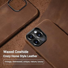 Load image into Gallery viewer, Belemay Compatible with iPhone 15 Pro Max Leather Case Magsafe-Top Grain Vintage Crazy Horse Leather-Metal Buttons Camera Bezel-Slim Fit-Precision Crafted Premium Phone Cover (6.7-inch)-Retro Brown, VintageBrown_551
