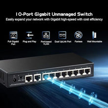 Load image into Gallery viewer, Binardat 10 Port Gigabit Ethernet Switch, 8 Ports 100/1000Mbps, 2 Gigabit Uplink, Support Vlan, Metal Case Unmanaged Plug and Play, Black_6692
