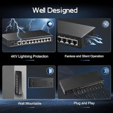 Load image into Gallery viewer, Binardat 10 Port Gigabit Ethernet Switch, 8 Ports 100/1000Mbps, 2 Gigabit Uplink, Support Vlan, Metal Case Unmanaged Plug and Play, Black_6694
