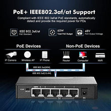 Load image into Gallery viewer, Binardat 5 Port Gigabit POE Switch, 4 Ports 1000Mbps IEEE802.3af/at, 1 Uplink, 65W Power Supply, Mini Metal Case Unmanaged Plug and Play, black_6816
