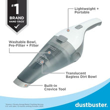 Load image into Gallery viewer, BLACK+DECKER dustbuster Cordless Handheld Vacuum, Portable Car Vacuum Cordless Rechargeable, Wall Mount, Strong Suction QuickClean (HNVC215B10), White_1472
