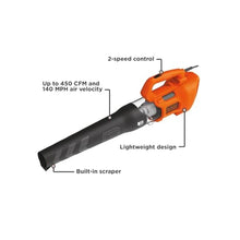 Load image into Gallery viewer, BLACK + DECKER Electric Leaf Blower, Hand Held Blowers for Lawn Care, Up to 450 CFM and 140 MPH Power, Axial, Lightweight, Corded (BEBL750)_4344
