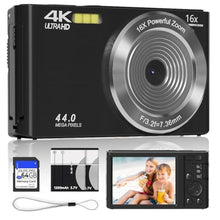 Load image into Gallery viewer, Black Digital Camera 4K for Teens with 16X Zoom Auto Focus, Small Compact Portable Point and Shoot Boys/Girls Student Digital Camera with 64G SD Card, 2 Batteries_1
