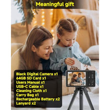 Load image into Gallery viewer, Black Digital Camera 4K for Teens with 16X Zoom Auto Focus, Small Compact Portable Point and Shoot Boys/Girls Student Digital Camera with 64G SD Card, 2 Batteries_1698
