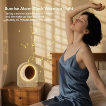 Load image into Gallery viewer, blonbar Sunrise Alarm Clocks for Bedrooms, Stepless Dimmable Moon Lamp Dual Alarm Clock with 12Levels Volume for Heavy Sleepers, 10 Natural Sounds with 30/60/90mins Timer, Gifts for Women, woodgrain_6477
