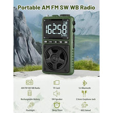 Load image into Gallery viewer, Bluetooth AM FM Shortwave Radio with NOAA Weather Alert,1250mAh Rechargeable Portable Pocket Radio with Best Reception,5W Big Speaker, Digital Tuner and Earphone,Support SD Card and USB MP3 Player, Green_3969
