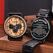 Load image into Gallery viewer, BOBO BIRD Mens Personalized Engraved Wooden Watche, Stylish Wood &amp; Stainless Steel Combined Quartz Casual Wristwatches for Men Family Friends Customized Watch (A-for Boyfriend)_413
