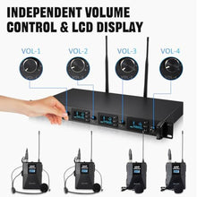 Load image into Gallery viewer, Boeska Wireless Microphone System 4 Channel UHF 4 Lavalier Lapel Headset Mics for Karaoke Church Speaking Conference Meeting Party, 4x25 Adjustable Frequency (4 Bodypack)_5204
