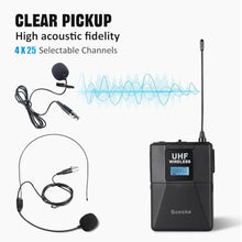 Load image into Gallery viewer, Boeska Wireless Microphone System 4 Channel UHF 4 Lavalier Lapel Headset Mics for Karaoke Church Speaking Conference Meeting Party, 4x25 Adjustable Frequency (4 Bodypack)_5205
