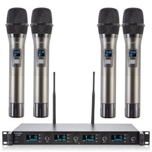 Load image into Gallery viewer, Boeska Wireless Microphone System, 4-Channel UHF Wireless Mic, Fixed Frequency Metal Cordless Mic with 4 Handheld Dynamic Microphones, 200ft Range, Mics for Singing, Church (4 Handheld)_1
