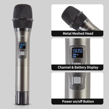 Load image into Gallery viewer, Boeska Wireless Microphone System, 4-Channel UHF Wireless Mic, Fixed Frequency Metal Cordless Mic with 4 Handheld Dynamic Microphones, 200ft Range, Mics for Singing, Church (4 Handheld)_5174

