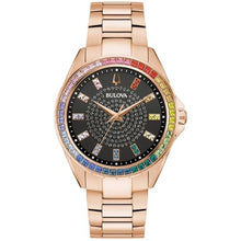 Load image into Gallery viewer, Bulova Men's Crystal Phantom Rose Gold Tone Stainless Steel 3-Hand Watch, Rainbow Crystal Bezel and Black Dial with Pave Center, Style:97A180, RoseGold_1
