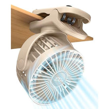 Load image into Gallery viewer, buywoo Portable Mini Personal Fan, Small Rechargeable Battery Powered Stroller Fan for Desk, Strong Clamp Grip, 360 Rotation, 3-Speed, LED Display, Clip On Cooler for Bed, Golf Cart, Office, Beige_1
