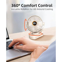 Load image into Gallery viewer, buywoo Portable Mini Personal Fan, Small Rechargeable Battery Powered Stroller Fan for Desk, Strong Clamp Grip, 360 Rotation, 3-Speed, LED Display, Clip On Cooler for Bed, Golf Cart, Office, Beige_6129
