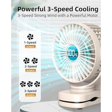 Load image into Gallery viewer, buywoo Portable Mini Personal Fan, Small Rechargeable Battery Powered Stroller Fan for Desk, Strong Clamp Grip, 360 Rotation, 3-Speed, LED Display, Clip On Cooler for Bed, Golf Cart, Office, Beige_6131
