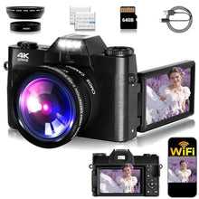 Load image into Gallery viewer, Camera Digital, 75MP WiFi 4K Vlogging Video Camera for YouTube with 3'' 180Flip Screen, 64GB SD Card, Anti-Shake, 2 Batteries, Digital Camera for Vlogging &amp; Photography for Beginner, Black_1
