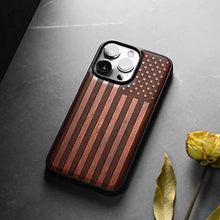 Load image into Gallery viewer, Carveit Wood Case for iPhone 14 Pro, (The Classic American Flag -Rosy), Rosewood_8173
