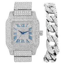 Load image into Gallery viewer, Charles Raymond Bling-ed Out Biggie Square Hip Hop Iced Out Watch You Will Hypnotize in a Crystal Watch - 0513Sq, Silver Blue R# Cuban, 8 inches, 0513Sq (Silver Blue R# Cuban)_1
