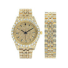 Load image into Gallery viewer, Charles Raymond Mens Watch w/Matching Iced Rolly Hip Hop Bracelet - Big Rhinestones on Trim and Elegant Baguette Time Indicators on Dial - Master Bling Designer - ST10226B (Gold)_1
