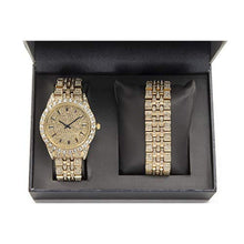 Load image into Gallery viewer, Charles Raymond Mens Watch w/Matching Iced Rolly Hip Hop Bracelet - Big Rhinestones on Trim and Elegant Baguette Time Indicators on Dial - Master Bling Designer - ST10226B (Gold)_2845

