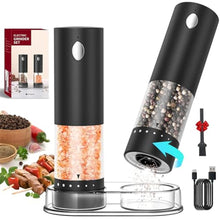 Load image into Gallery viewer, CIRCLE JOY Electric Salt and Pepper Grinder Set Rechargeable Salt and Pepper Mills with 6-Level External Adjustable Coarseness, White LED Light and Storage Base, Black_1
