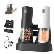 Load image into Gallery viewer, CIRCLE JOY Electric Salt and Pepper Grinder Set Automatic Salt and Pepper Mills Set with Easy-to-Carry Charging Base and LED Light, USB Rechargeable, Upgrade External Adjustable Coarseness, WhiteBlack_1
