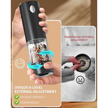 Load image into Gallery viewer, CIRCLE JOY Electric Salt and Pepper Grinder Set Rechargeable Salt and Pepper Mills with 6-Level External Adjustable Coarseness, White LED Light and Storage Base, Black &amp; White, BlackWhite_6087
