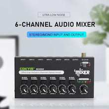 Load image into Gallery viewer, COKYIS Mini Audio Mixer, 6-Channel Stereo Line Mixer for Precision Sub-Mixing, with Ultra Low-Noise Operation, Independent Microphone Control, 1/4" TRS Input/Output-for Guitars, Bass, Stage Mixer_678
