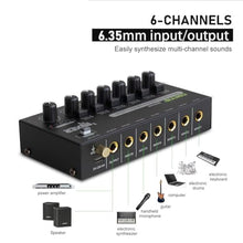 Load image into Gallery viewer, COKYIS Mini Audio Mixer, 6-Channel Stereo Line Mixer for Precision Sub-Mixing, with Ultra Low-Noise Operation, Independent Microphone Control, 1/4" TRS Input/Output-for Guitars, Bass, Stage Mixer_681
