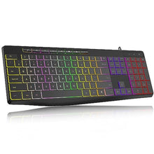Load image into Gallery viewer, Computer Keyboard Wired,7-Color Rainbow LED Backlit, Quiet Light Up Keyboard with Multimedia Keys,Low Profile Chiclet Keys,Large Number Pad,Spill-Resistant, Anti-Wear Letters for Windows Mac PC Laptop, Black_1
