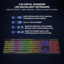 Load image into Gallery viewer, Computer Keyboard Wired,7-Color Rainbow LED Backlit, Quiet Light Up Keyboard with Multimedia Keys,Low Profile Chiclet Keys,Large Number Pad,Spill-Resistant, Anti-Wear Letters for Windows Mac PC Laptop, Black_6717
