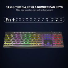 Load image into Gallery viewer, Computer Keyboard Wired,7-Color Rainbow LED Backlit, Quiet Light Up Keyboard with Multimedia Keys,Low Profile Chiclet Keys,Large Number Pad,Spill-Resistant, Anti-Wear Letters for Windows Mac PC Laptop, Black_6719
