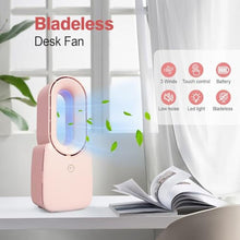 Load image into Gallery viewer, CONBOLA Small Tower Fan, 11.8 Inch Personal Portable Fan Rechargeable, USB Quiet Bladeless Desk Fan with 3 Speeds, Battery Operated Fan with Decorative LED for Office Bedroom Outdoor Table Home(Pink)_328
