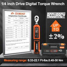 Load image into Gallery viewer, coobeast Digital Torque Wrench 1/4 Drive, 0.33-22.1 Ft.lbs./0.45-30Nm Range, Electronic Torque Screwdriver with Dual Direction Ratchet, Buzzer and LED Alert for Bicycle, Bike, DIY and Home Repair, Orange_5481
