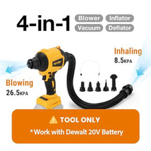 Load image into Gallery viewer, Cordless Compressed Air Duster Compatible with DeWalt 20V MAX Battery (Tool Only), 4-in-1 Portable Blower Inflator Vacuum Deflator, 360MPH, 51,000 RPM Brushless Motor, 3-Speed for PC Cleaning, Air Bed_821
