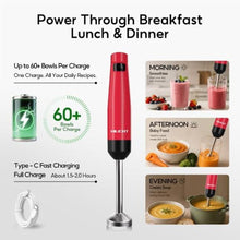 Load image into Gallery viewer, Cordless Hand Blender, 12V Rechargeable Immersion Blender with Brushless Motor, 60+ Bowls per Charge, 2-Blade, Auto Lock, Whisk &amp; Frother for Soup, Smoothies, Baby Food, Red_637

