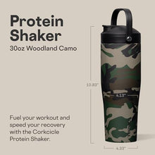 Load image into Gallery viewer, Corkcicle Protein Shaker - Built-In Agitator &amp; Fruit Strainer Lid - 30oz - Woodland Camo, WoodlandCamo_5480
