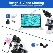 Load image into Gallery viewer, creahub Compound Binocular Microscope for Adults Students, 40X-2500X Lab Binocular Microscopes with 1.3 MP USB Eyepiece Camera, 100X Oil Immersion Objectives and Microscope Slide Set_1365
