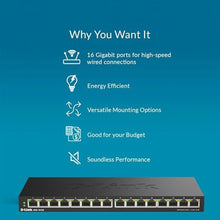 Load image into Gallery viewer, D-Link 16 Port Gigabit Ethernet Unmanaged Slim Switch, Sturdy Metal with Shielded Ports, Silent Fanless, QoS, Plug and Play, Compact Desktop/Wall Mount, Flow Control, Energy Saving, Black (DGS-1016S)_825
