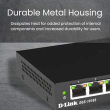 Load image into Gallery viewer, D-Link 16 Port Gigabit Ethernet Unmanaged Slim Switch, Sturdy Metal with Shielded Ports, Silent Fanless, QoS, Plug and Play, Compact Desktop/Wall Mount, Flow Control, Energy Saving, Black (DGS-1016S)_827
