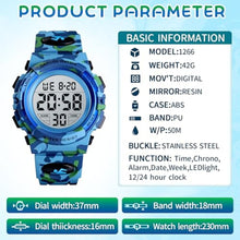 Load image into Gallery viewer, Dayllon Boys Watch Digital Outdoor Sport Waterproof Kids Watches 12/24H Alarm 7 Colorful Stopwatch Military Child Wristwatch for 3-8 Year Old 1548 Small Light Blue,Green Camo XS(3-10 Year Old), CamoLightBlueXSYearOld_1531

