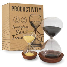 Load image into Gallery viewer, Decorative Hourglass Sand Timer Set - Includes 25 and 5 Minute Sandglass Pomodoro Timers with Wooden Bases - Time Management Productivity Tool - Gift for Home Office Desk, Clear_1
