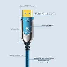 Load image into Gallery viewer, DGHUMEN 65Ft Fiber Optic HDMI Cables 8K 48Gbps, [UPGATED] Metal Armor Jacket, Ultra High Speed HDMI 2.1 Cable, 8K@60Hz 4K@120Hz, Compatible for PlayStation 5 PC HDTV, Male-to-Male (65Feet), Blue_4715

