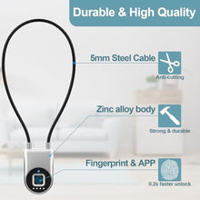 Load image into Gallery viewer, Dhiedas Fingerprint Cable Lock, 6" Long Cable Smart Padlock with Fingerprint Bluetooth APP, Keyless Biometric Waterproof Outdoor Gate Lock for Refrigerator French Door Fence Backyard Pantry, Silver_6922
