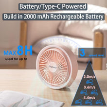Load image into Gallery viewer, Digibond Pink Desk Fan, Small Quiet with Ambient Light/Hook Portable USB Fan 5.3in High Power 3000mAH Rechargeable Battery Operate 3 Speed 180Rotated Easy Clean, PinkmAh_6390
