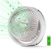 Load image into Gallery viewer, Digibond Small Desk Fan, Ultra Quite USB Fan Portable 3000mAh Rechargeable Battery Operate, High Power 3 Speed 5.3in With Ambient Light/Hook 180Rotated Easy Clean (White), WhitemAh_1
