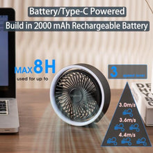 Load image into Gallery viewer, Digibond Small Fan, High Power Silent Desk Fan Portable USB Fan 2000mAh Rechargeable Battery Powered, 3 Speed 5.3in with Night Light/Hook,180Rotated Easy Clean (Black), BlackmAh_6386
