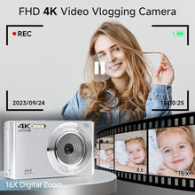 Load image into Gallery viewer, Digital Camera, 2026 4K Autofocus Digital Cameras for Teens, Silver Point and Shoot Camera for Kids with 16X Zoom, 64GB SD Card, Compact Small for Boys Girls Teens Kids Gift_150
