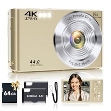 Load image into Gallery viewer, Digital Camera, 2026 FHD 4K Autofocus Digital Camera with 64GB SD Card 16X Digital Zoom, Gold Cameras for Photography Portable Compact Point and Shoot Camera for Teens Adult Kids Gift_1
